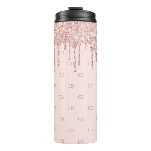 Roos goud glitter zwart roze monogram initiaal thermosbeker (Voorkant)