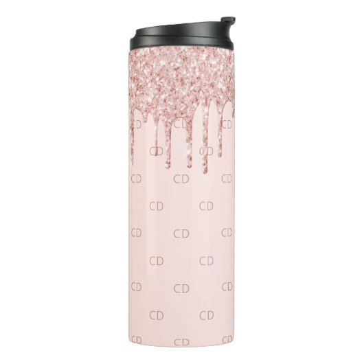 Roos goud glitter zwart roze monogram initiaal thermosbeker (Gedraaid links)