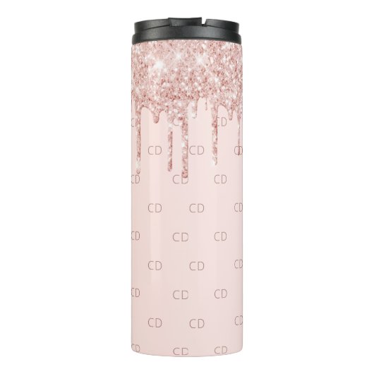 Roos goud glitter zwart roze monogram initiaal thermosbeker (Achterkant)