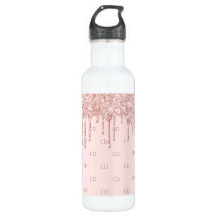 Roos goud glitter zwart roze monogram initiaal waterfles 