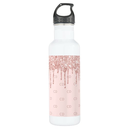 Roos goud glitter zwart roze monogram initiaal waterfles (Voorkant)