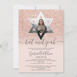 Roos goud glitter zwart roze Star bat mitzvah Kaart