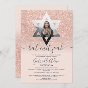 Roos goud glitter zwart roze Star bat mitzvah Kaart