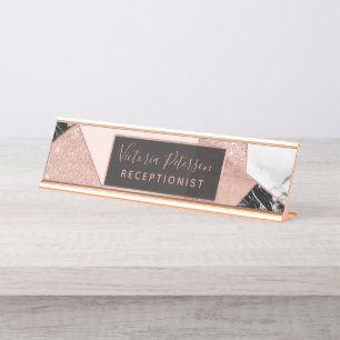 Roos goud glitter zwart wit marmer geometrisch bureau naambordje