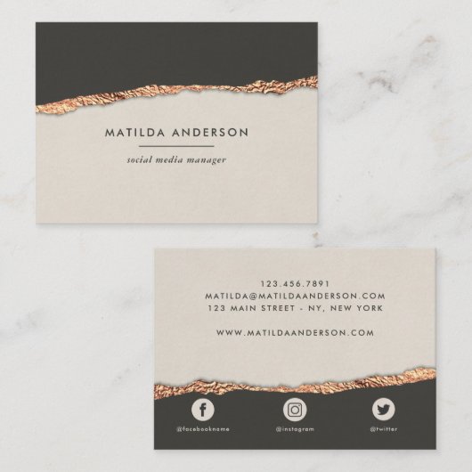 Roos goud glitter zwarte crème moderne vierkante b visitekaartje (Voorkant / Achterkant)