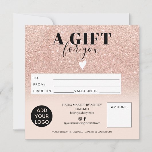 Roos goud glitterroze cadeaubon logo (Voorkant)