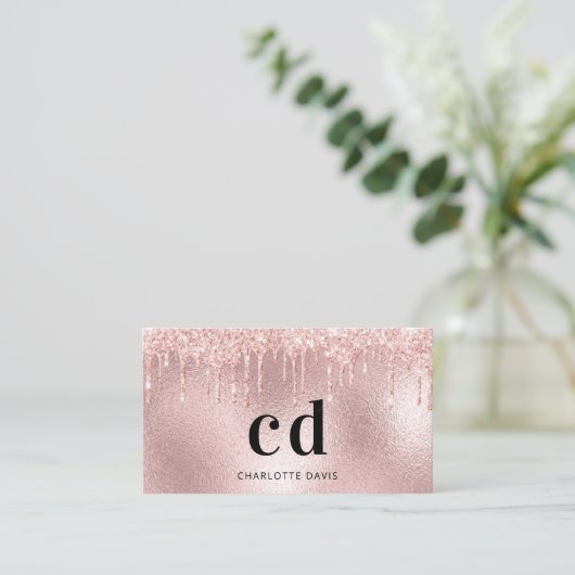 Roos goud glitterroze metalen monogram initiaal visitekaartje (Staand voorkant)