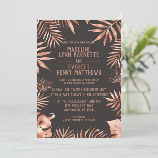 Roos Goud & Grijs Palmbladeren Bruiloft Uitnodigin Kaart (Staand voorkant)