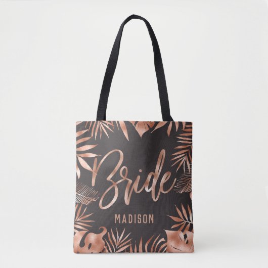 Roos Goud & Grijs Tropisch Palmblad Bruid Tote Bag (Voorkant)
