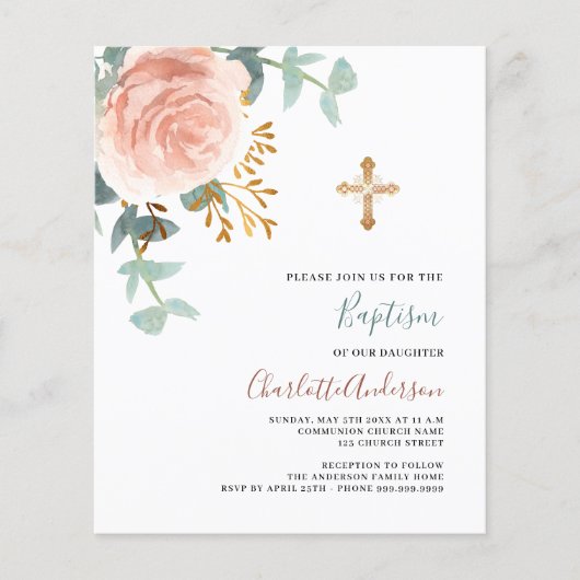 Roos Goud Groen Cross Budget Doop Uitnodiging (Voorkant)