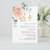 Roos Goud Groen Kruis Eerste Heilige Communie Kaart (Staand voorkant)