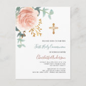 Roos Goud Groen Kruis Eerste Heilige Communie Uitnodiging Briefkaart (Voorkant)