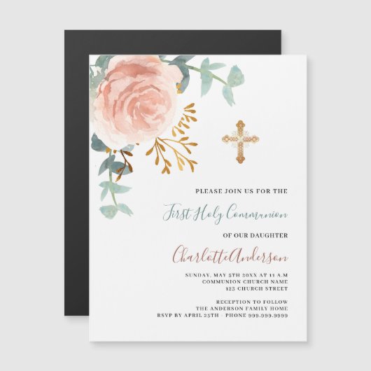 Roos Goud Groen Luxe Eerste Heilige Communie Magnetische Uitnodiging (Voorkant / Achterkant)