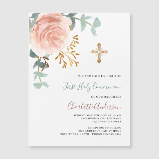 Roos Goud Groen Luxe Eerste Heilige Communie Magnetische Uitnodiging (Voorkant)