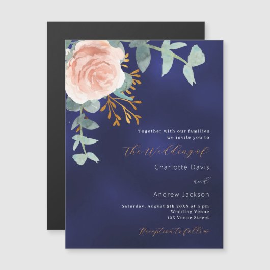 Roos goud groen marineblauw luxe bruiloft magnetische uitnodiging (Voorkant / Achterkant)