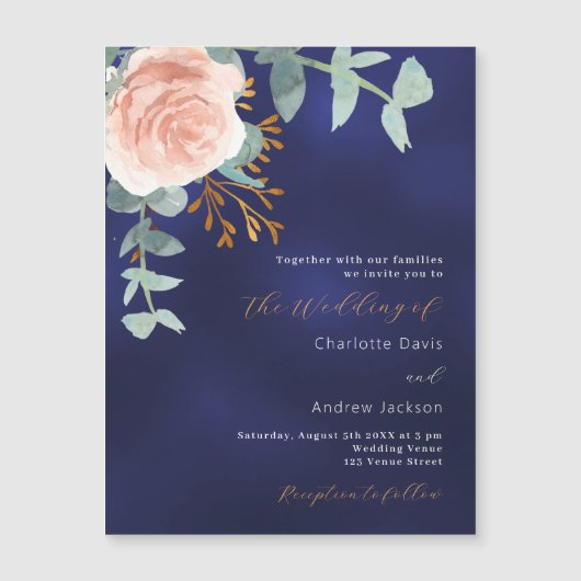 Roos goud groen marineblauw luxe bruiloft magnetische uitnodiging (Voorkant)