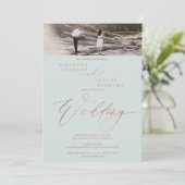 Roos goud groen script elegant 2 foto's bruiloft kaart (Staand voorkant)