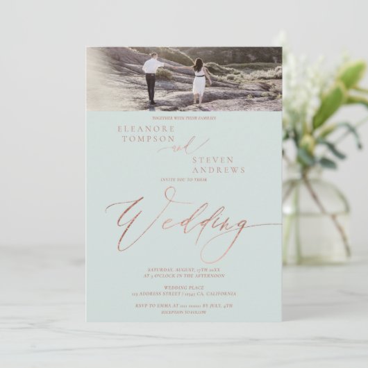 Roos goud groen script elegant 2 foto's bruiloft kaart (Staand voorkant)