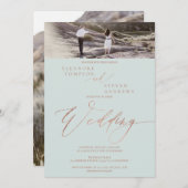 Roos goud groen script elegant 2 foto's bruiloft kaart (Voorkant / Achterkant)