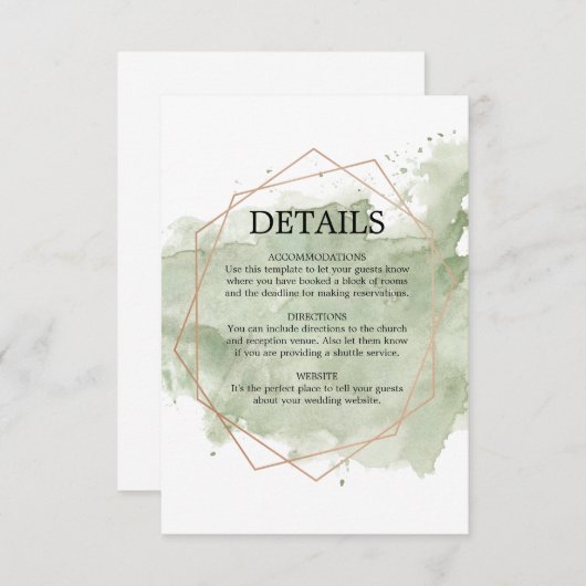 Roos Goud & Groen Waterverf Bruiloft Details Kaart (Voorkant / Achterkant)