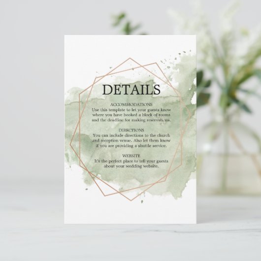 Roos Goud & Groen Waterverf Bruiloft Details Kaart (Staand voorkant)