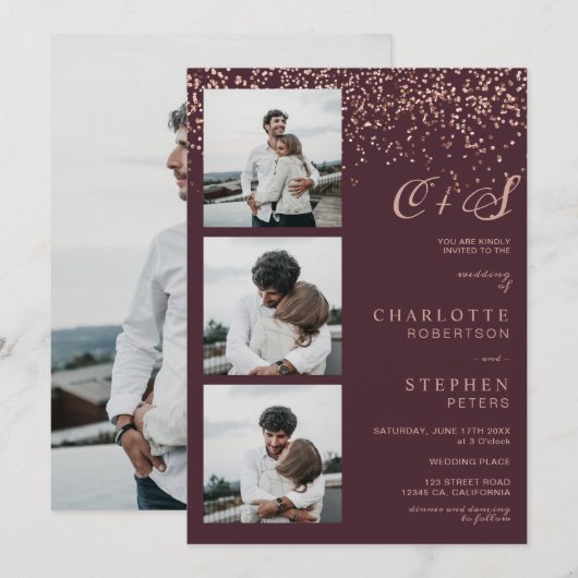 Roos goud kent rode initialen foto's bruiloft kaart (Voorkant / Achterkant)