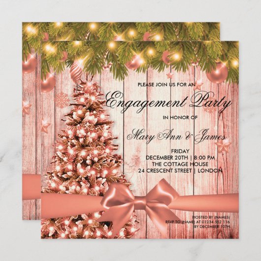 Roos Goud Kerstverlovingsfeest Tree & Ribbon Kaart (Voorkant / Achterkant)