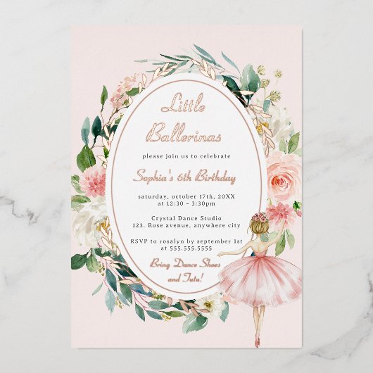 Roos Goud Kleine Ballerina Bloemen Kinderen Verjaa Folie Uitnodiging (Voorkant)