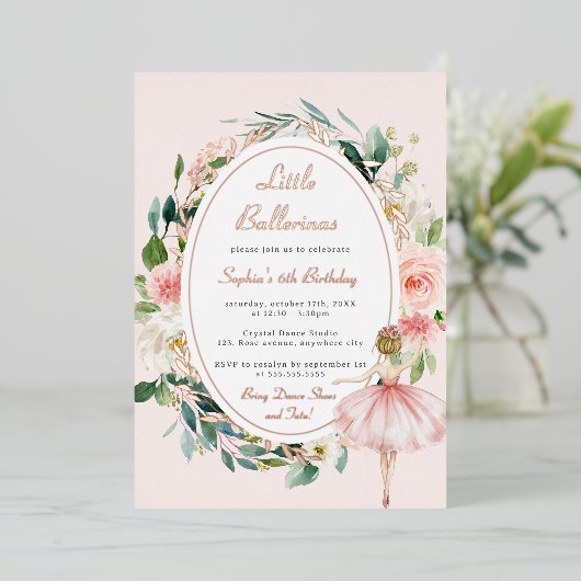 Roos Goud Kleine Ballerina Bloemen Kinderen Verjaa Folie Uitnodiging (Staand Voorkant)