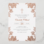 Roos Goud  Kruis Meisjes Eerste Communie Folie Uitnodiging (Voorkant)