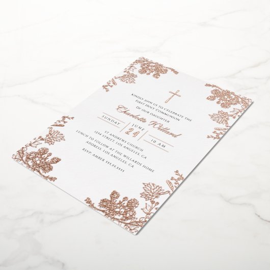 Roos Goud  Kruis Meisjes Eerste Communie Folie Uitnodiging (Gedraaid)