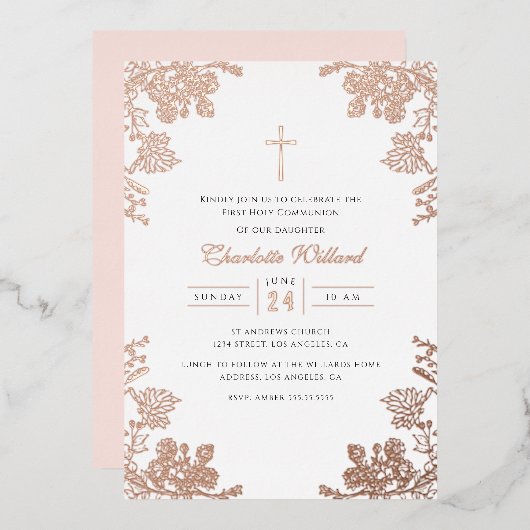 Roos Goud Kruis Meisjes Eerste Communie Folie Uitnodiging (Voorkant / Achterkant)