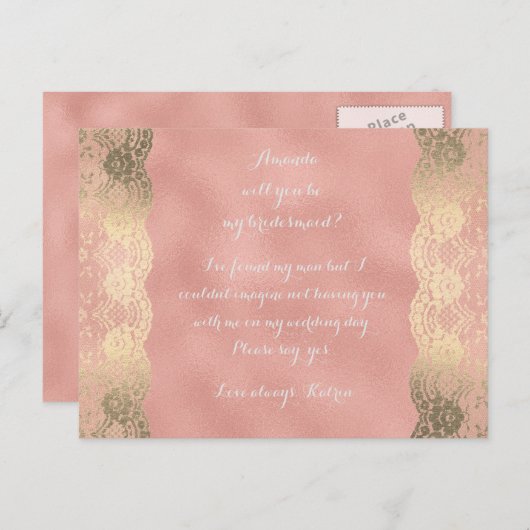 Roos Goud Lace Blush word mijn Bridesmaid. Uitnodiging Briefkaart (Voorkant / Achterkant)