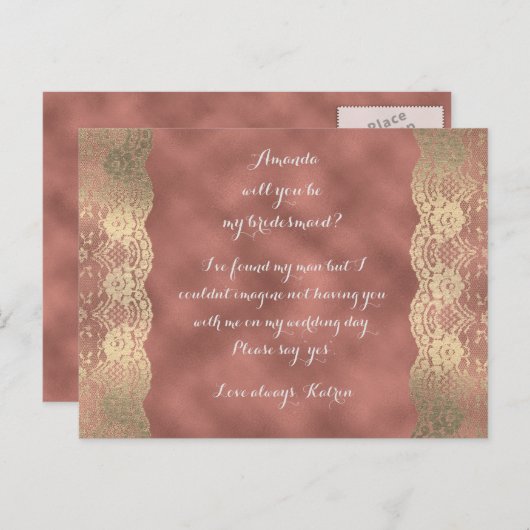 Roos Goud Lace Blush word mijn Bridesmaid. Uitnodiging Briefkaart (Voorkant / Achterkant)