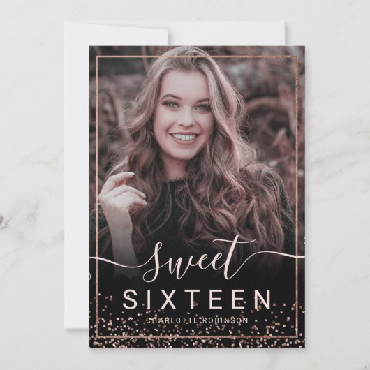 Roos goud lijst confetti roze 5 foto's zoet 16 kaart (Voorkant)