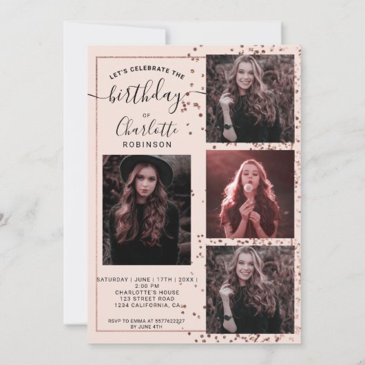 Roos goud lijst confetti roze 5 foto's zoet 16 kaart (Achterkant)