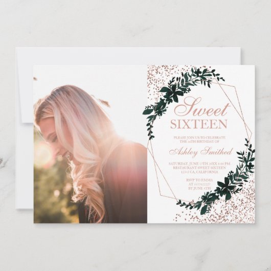 Roos goud lijst groen confetti foto Sweet 16 Kaart (Voorkant)
