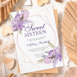 Roos goud lijst paarse florale waterverf Sweet 16 Kaart<br><div class="desc">Roos goud geometrisch lijst en glitter confetti typografie Sweet 16 verjaardag met met de hand geschilderde groene waterverf bladtakken ,  paarse lavenderbloemen,  perfect voor het lente- en zomerfeest.</div>