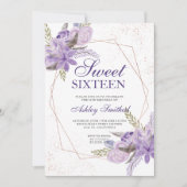 Roos goud lijst paarse florale waterverf Sweet 16 Kaart (Voorkant)