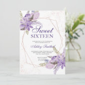 Roos goud lijst paarse florale waterverf Sweet 16 Kaart (Staand voorkant)