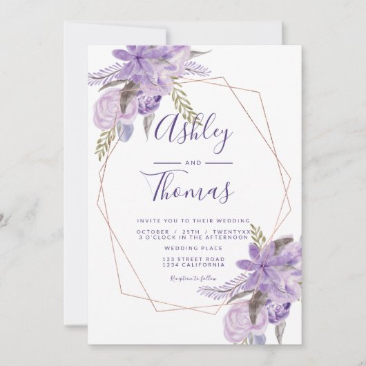 Roos goud lijst paarse waterverf  bruiloft kaart (Voorkant)
