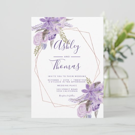 Roos goud lijst paarse waterverf  bruiloft kaart (Staand voorkant)