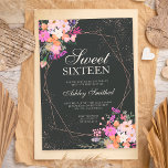Roos goud lijst roze florale waterverf Sweet 16 Kaart<br><div class="desc">Roos gouden geometrische lijst en glitter confetti typografie Sweet 16 verjaardag met handbeschilderde zachte zomerbloem waterverf bladtakken ,  roze,  oranje,  gele paarse lavender bloemen op een donkere achtergrond,  perfect voor lente en zomerverjaardag.</div>