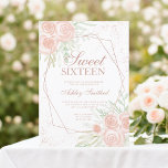 Roos goud lijst roze florale waterverf Sweet 16 Kaart<br><div class="desc">Roos gouden geometrisch lijst en glitter confetti typografie Sweet 16 birthday met de hand geschilderd groen bladtakken,  pastel blush roze waterverven,  ideaal voor het voorjaar en de zomer verjaardagsfeest.</div>