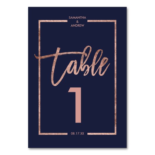 Roos goud lijst script marvy blue table number kaart (Achterkant)