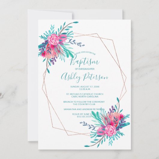 Roos Goud lijst waterverf Bloemdoop Kaart (Voorkant)