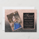 Roos goud lijst zwarte glitter ombre foto Sweet 16 Kaart (Voorkant)
