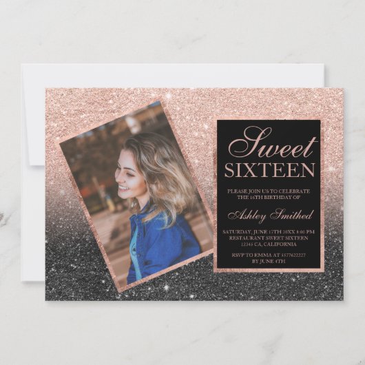 Roos goud lijst zwarte glitter ombre foto Sweet 16 Kaart (Voorkant)