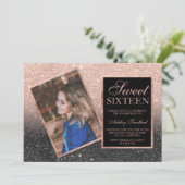 Roos goud lijst zwarte glitter ombre foto Sweet 16 Kaart (Staand voorkant)