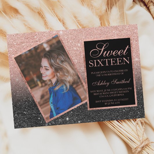 Roos goud lijst zwarte glitter ombre foto Sweet 16 Kaart